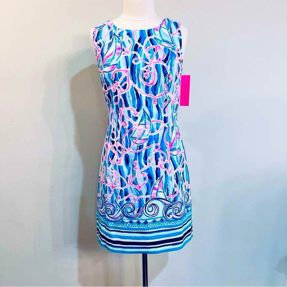 Lilly Pulitzer Mila Stretch Shift Skim Blue Reel Nauti Shift Dress. Size 6